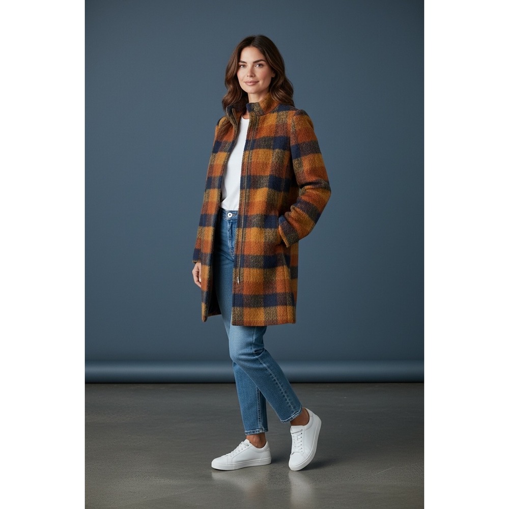 Old Navy Plaid Wool Blend Collarless Zip Front Coat Women's XS Orange‎ Navy
